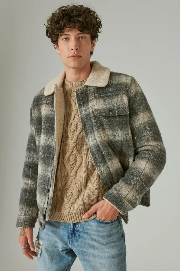 Lucky Brand Jackets and Outerwear Plaid Faux Shearling Lined Trucker Jacket Grey Plaid 8211 Men