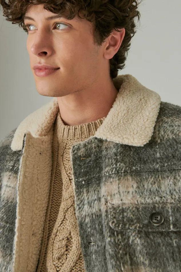 Lucky Brand Jackets and Outerwear Plaid Faux Shearling Lined Trucker Jacket Grey Plaid 8211 Men