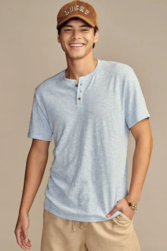 Lucky Brand Shirts and Tops Linen Short Sleeve Henley Blue Bell 8211 Men
