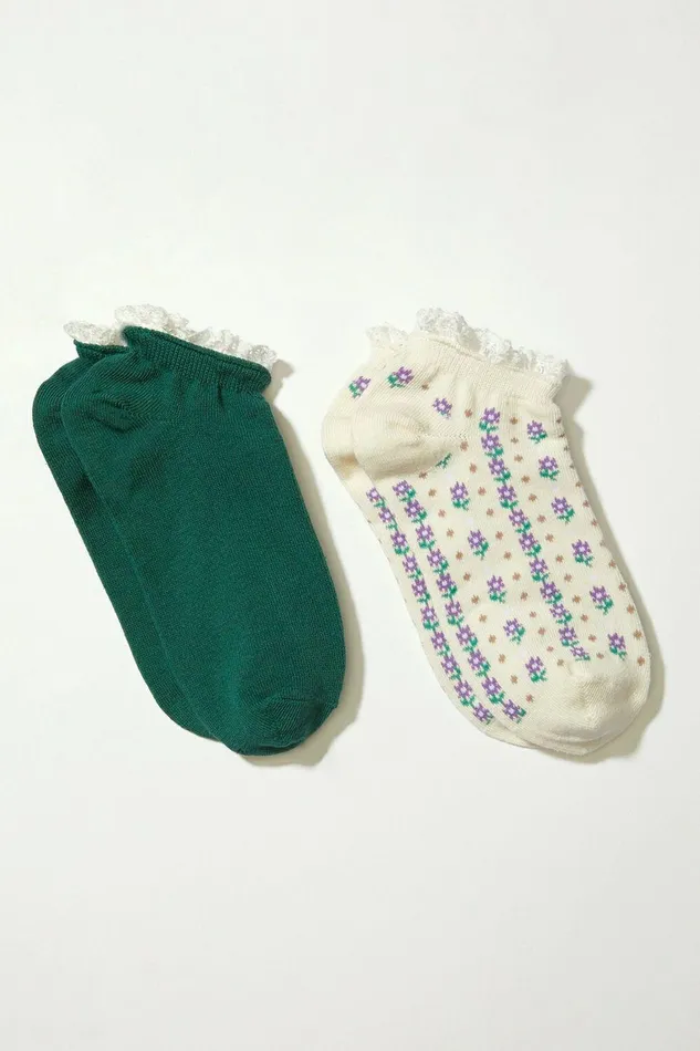 Lucky Brand Socks Garden Lace Trim Ped Sock 2 Pk Balsam Green 8211 Women