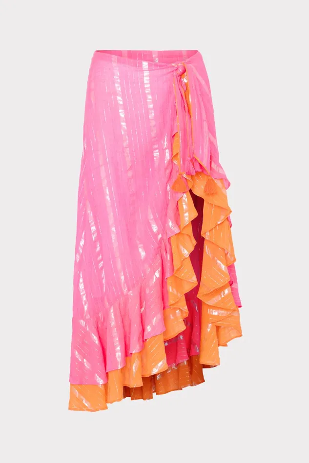 Lurex Stripe Ruffle Wrap Skirt Neon Pinkorange Women Milly Swim and Coverups