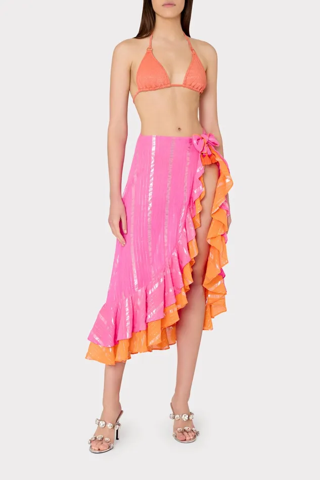 Lurex Stripe Ruffle Wrap Skirt Neon Pinkorange Women Milly Swim and Coverups