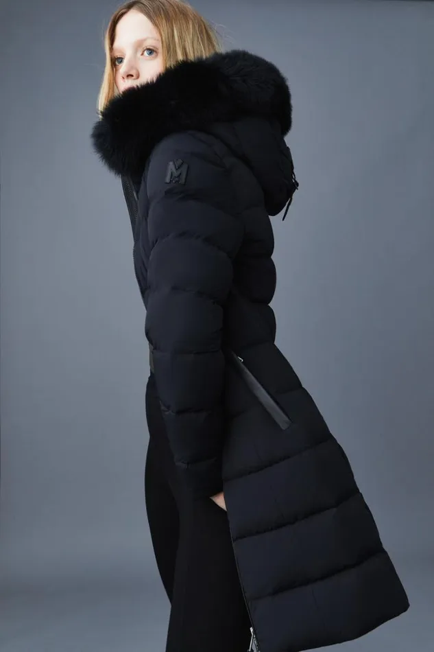 Mackage Downs and Jackets Women Calla Agile360 Stretch Light Down Coat With Blue Fox Fur Collar Black