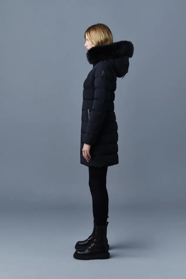 Mackage Downs and Jackets Women Calla Agile360 Stretch Light Down Coat With Blue Fox Fur Collar Black