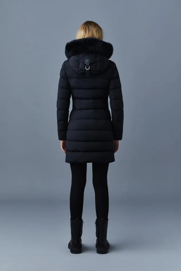 Mackage Downs and Jackets Women Calla Agile360 Stretch Light Down Coat With Blue Fox Fur Collar Black