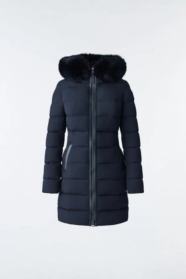 Mackage Downs and Jackets Women Calla Agile360 Stretch Light Down Coat With Blue Fox Fur Collar Black