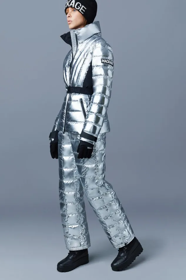 Mackage Downs and Jackets Women Elita Metallic Light Down Ski Jacket With Removable Hood Silver