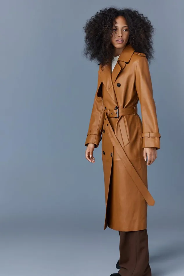Mackage Leather Jackets Women GaelZ Leather Trench Coat With Belt Cognac