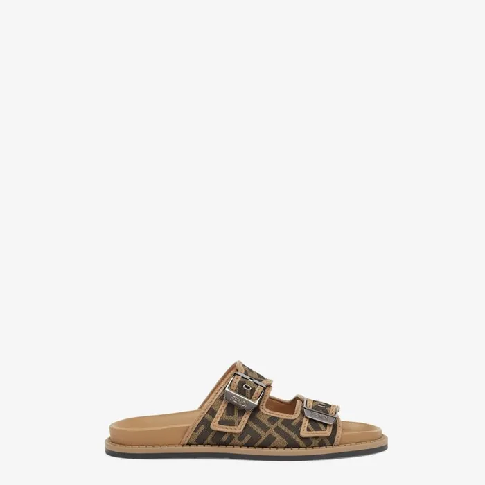 Man Brown Leather And Fabric Sandals Brown Fendi Slides and Sandals