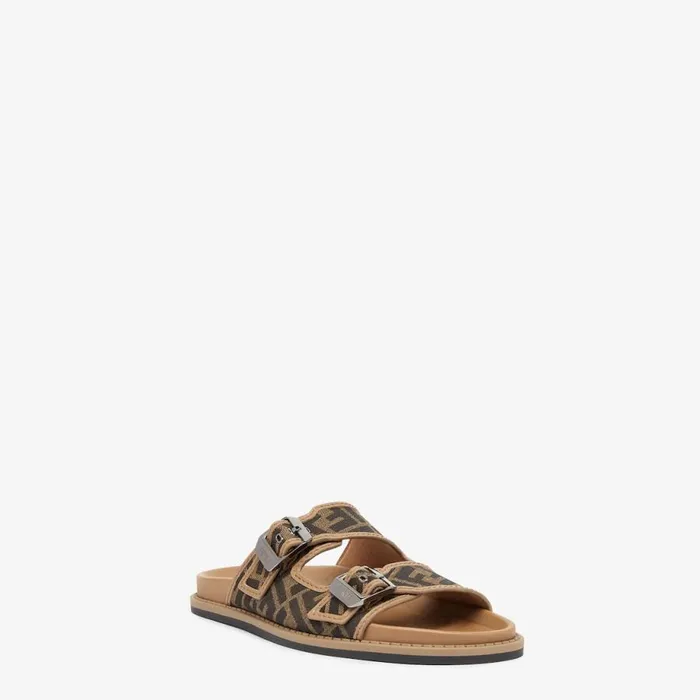 Man Brown Leather And Fabric Sandals Brown Fendi Slides and Sandals