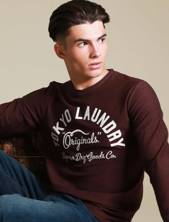 Men Long Sleeve Tops Tokyo Laundry Washington Slub Cotton Jersey Long Sleeve Top In Vintage Wine 8211 Tokyo Laundry Red