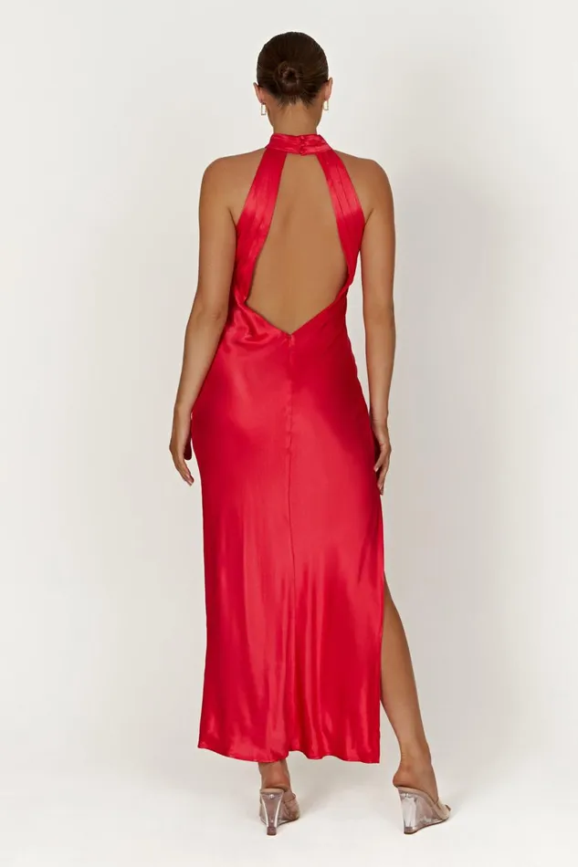 Meshki Maxi Dresses Claire Satin Drape Back Maxi Dress With Split 8211 Red Red 8211 Women