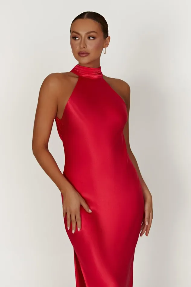 Meshki Maxi Dresses Claire Satin Drape Back Maxi Dress With Split 8211 Red Red 8211 Women