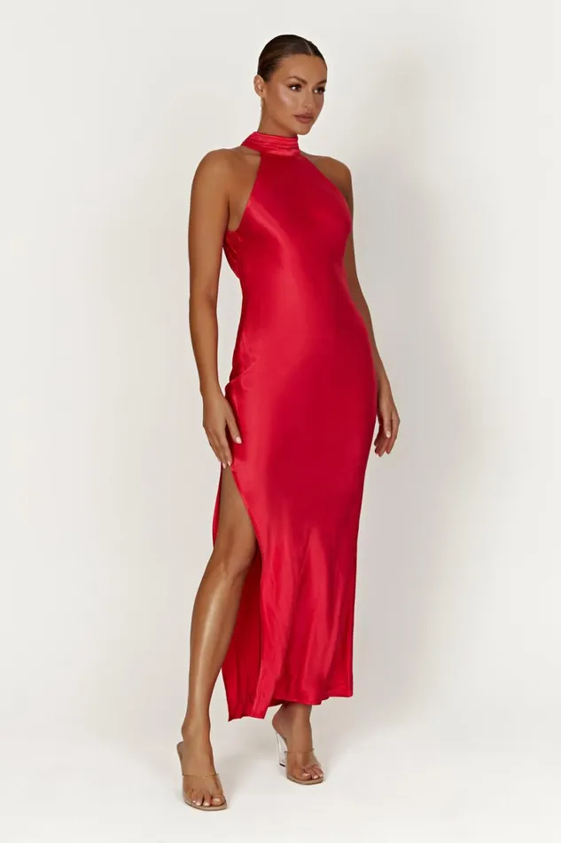 Meshki Maxi Dresses Claire Satin Drape Back Maxi Dress With Split 8211 Red Red 8211 Women