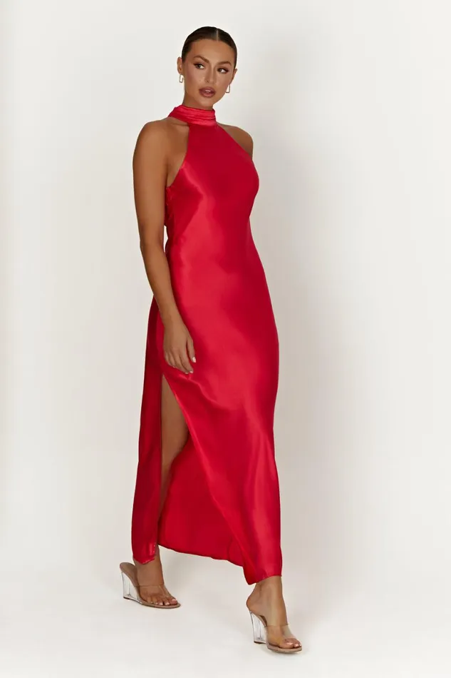 Meshki Maxi Dresses Claire Satin Drape Back Maxi Dress With Split 8211 Red Red 8211 Women