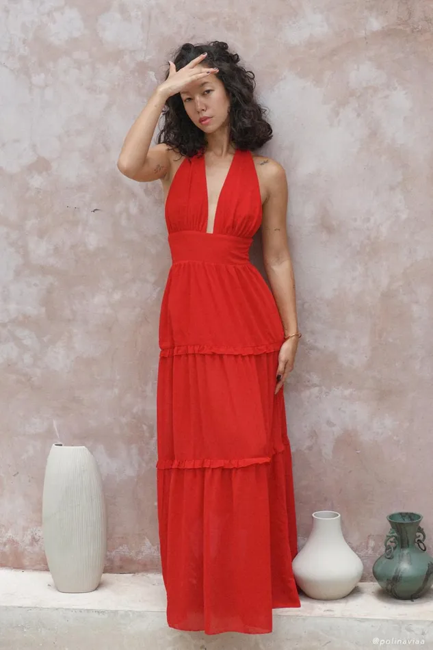 Meshki Maxi Dresses Marianna Tiered Halter Maxi Dress 8211 Vermilion Red Vermilionred 8211 Women Meshki Maxi Dresses Marianna Tiered Halter Maxi Dress 8211 Vermilion Red Vermilionred 8211 Women