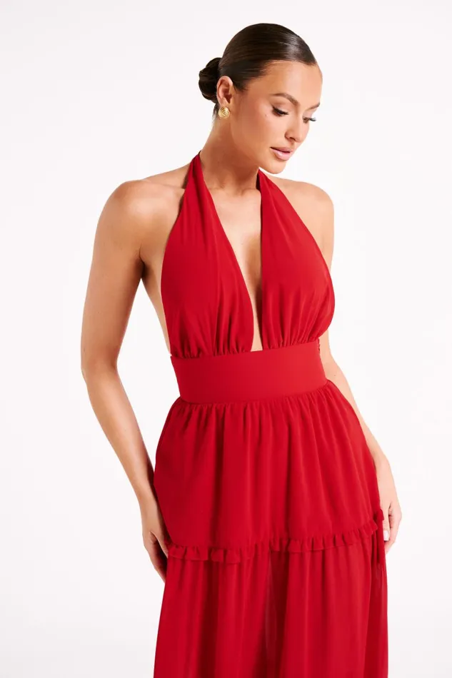 Meshki Maxi Dresses Marianna Tiered Halter Maxi Dress 8211 Vermilion Red Vermilionred 8211 Women