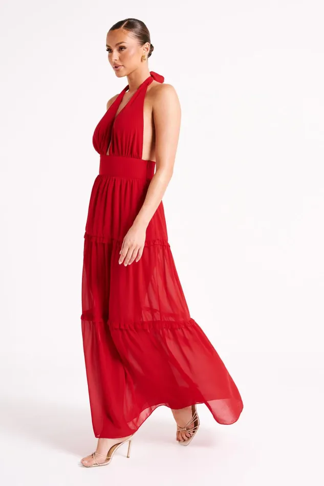 Meshki Maxi Dresses Marianna Tiered Halter Maxi Dress 8211 Vermilion Red Vermilionred 8211 Women