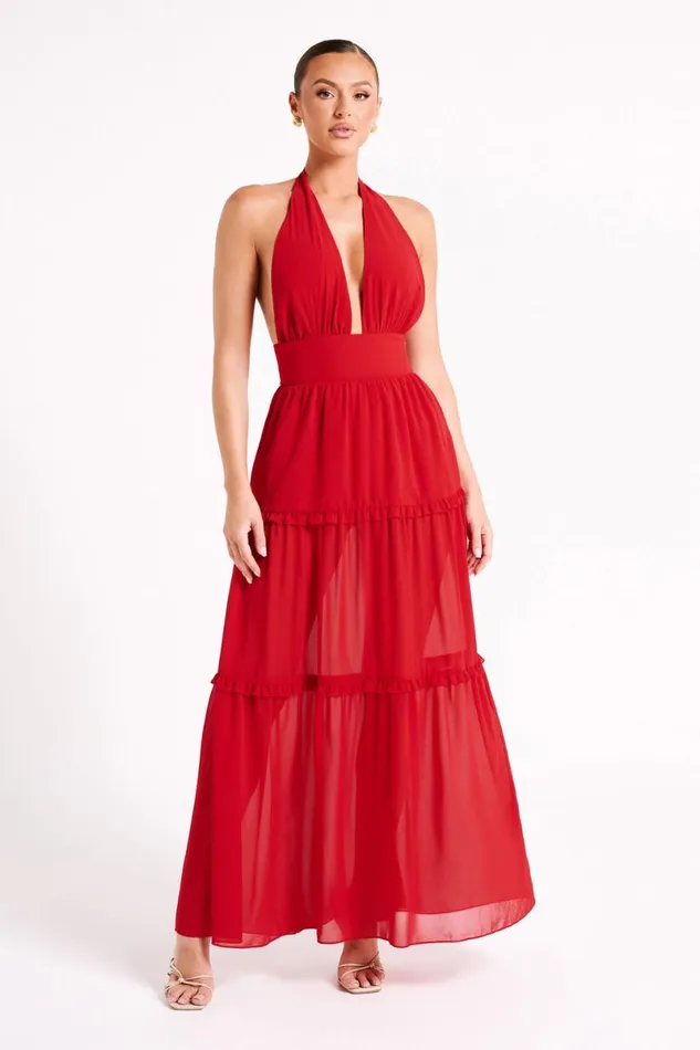 Meshki Maxi Dresses Marianna Tiered Halter Maxi Dress 8211 Vermilion Red Vermilionred 8211 Women