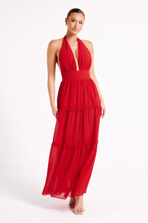 Meshki Maxi Dresses Marianna Tiered Halter Maxi Dress 8211 Vermilion Red Vermilionred 8211 Women