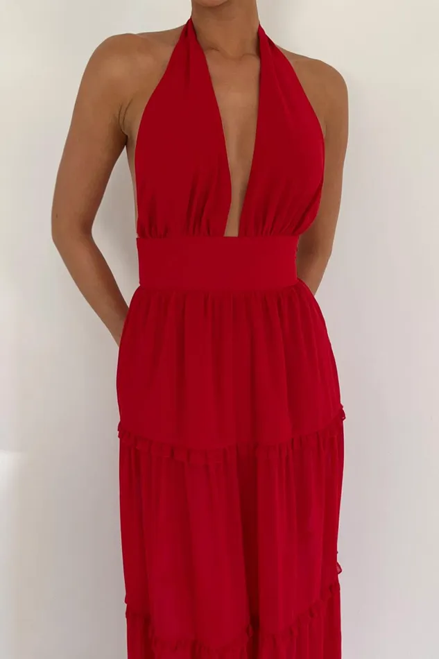 Meshki Maxi Dresses Marianna Tiered Halter Maxi Dress 8211 Vermilion Red Vermilionred 8211 Women