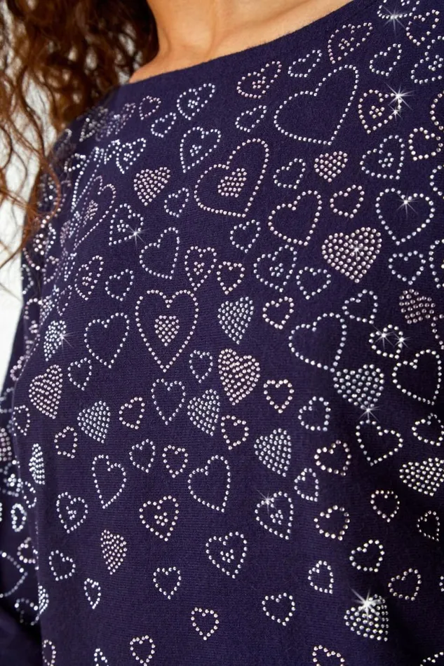 Midnight Blue Embellished Diamante Heart Jumper Women Roman Knitwear