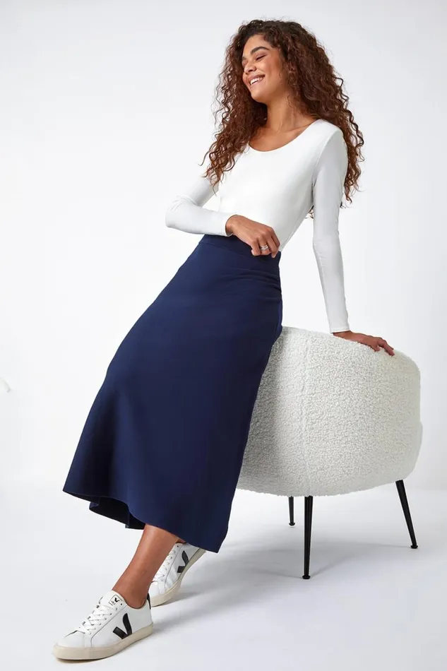 Midnight Blue Plain Elastic Waist Knitted A Line Midi Skirt Women Roman Skirts