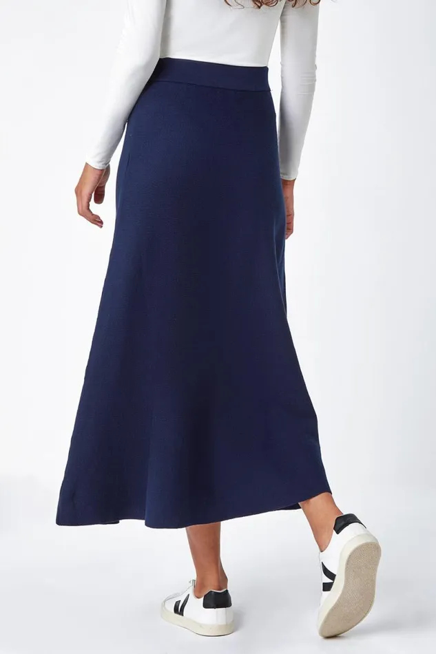 Midnight Blue Plain Elastic Waist Knitted A Line Midi Skirt Women Roman Skirts