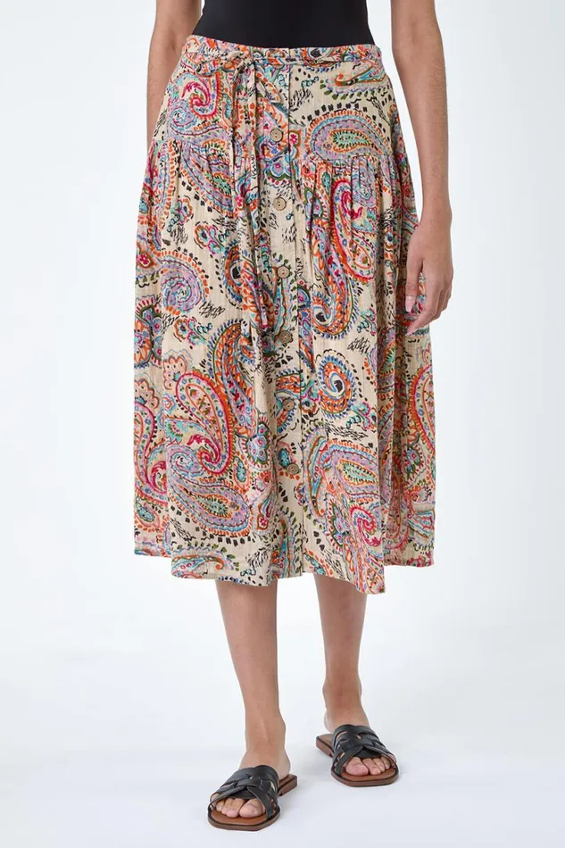Multi Cotton Paisley Boho A Line Midi Skirt Women Roman Skirts