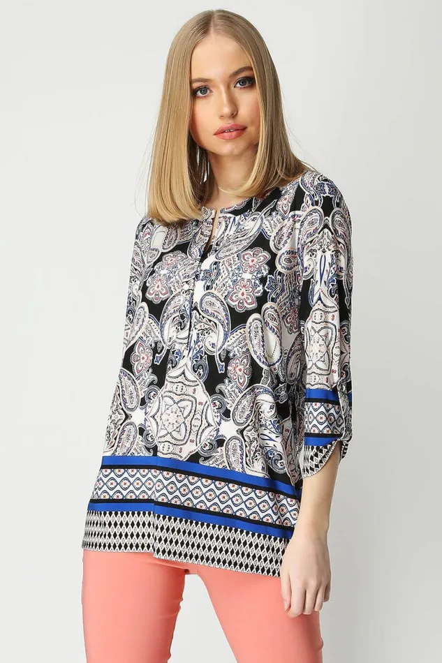 Multi Paisley Print Longline Tunic Shirt Women Roman Tops