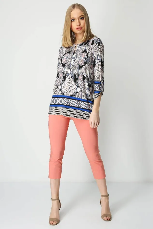 Multi Paisley Print Longline Tunic Shirt Women Roman Tops