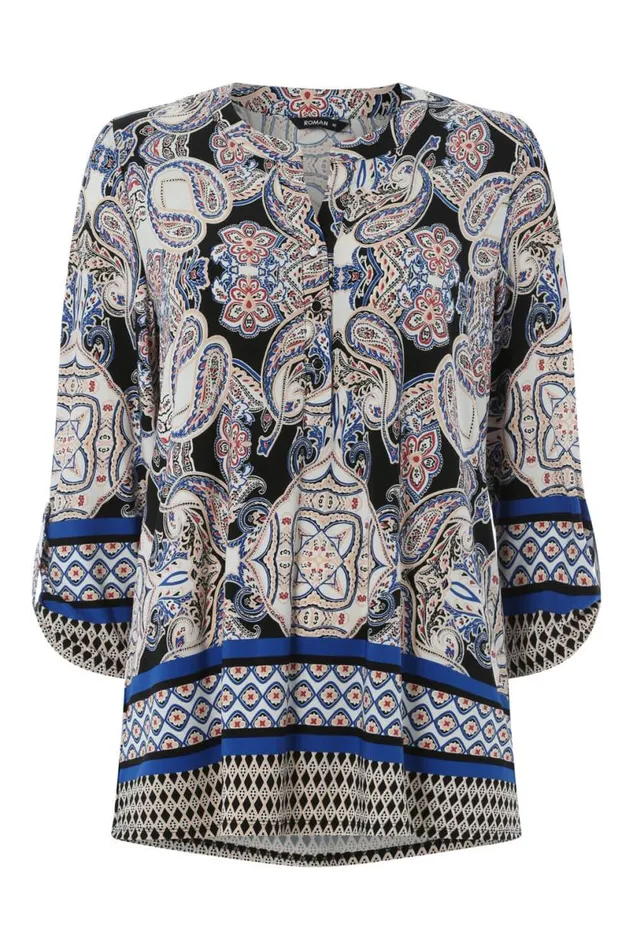 Multi Paisley Print Longline Tunic Shirt Women Roman Tops