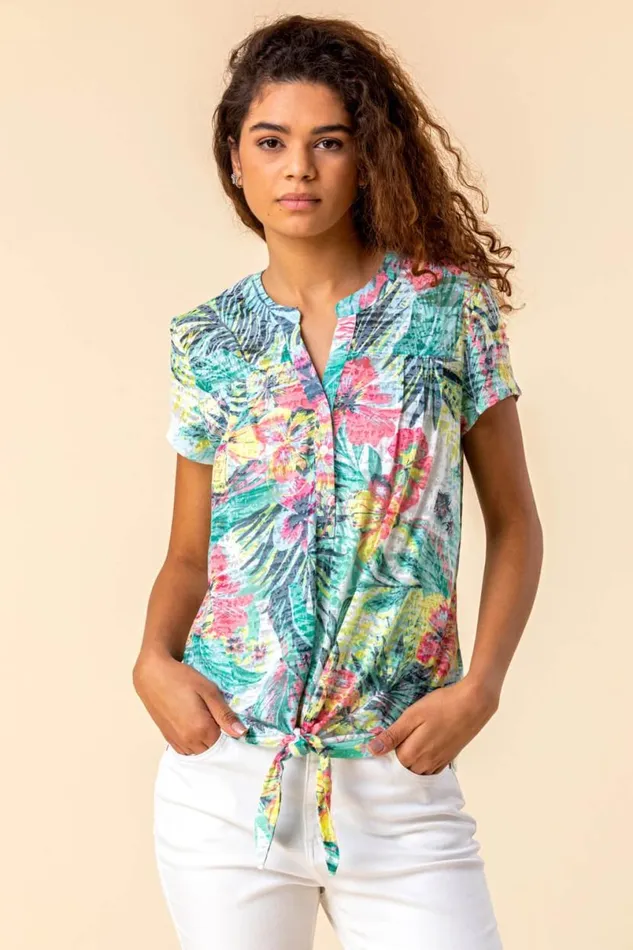 Multi Tie Hem Tropical Print Top Women Roman Tops