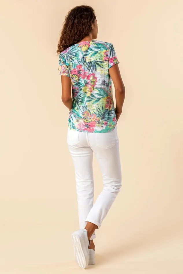 Multi Tie Hem Tropical Print Top Women Roman Tops