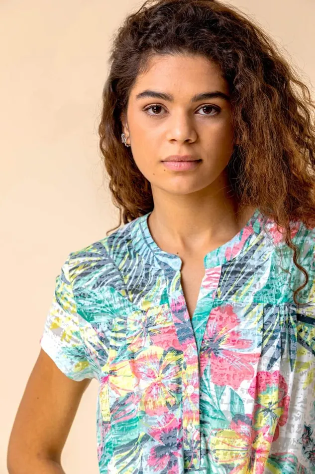 Multi Tie Hem Tropical Print Top Women Roman Tops