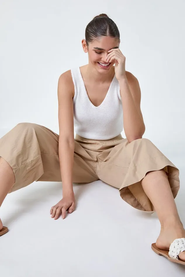 Natural Elastic Waist Wide Leg Cotton Cropped Culottes Women Roman Trousers