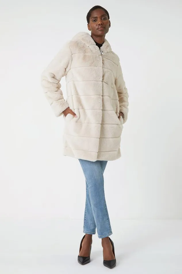 Natural Faux Fur Hooded Longline Coat Women Roman Jackets