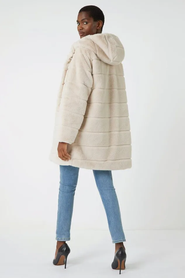 Natural Faux Fur Hooded Longline Coat Women Roman Jackets