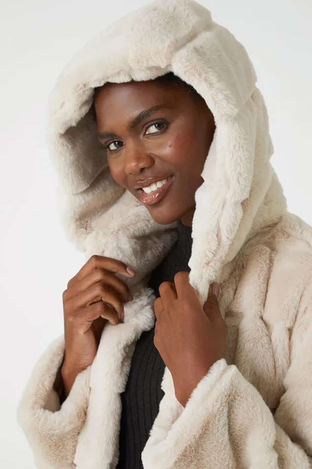 Natural Faux Fur Hooded Longline Coat Women Roman Jackets