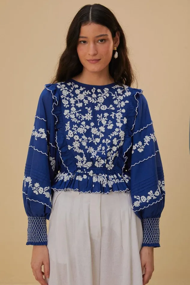 Navy Blue Embroidered Long Sleeve Blouse Women FARM Rio Blouses