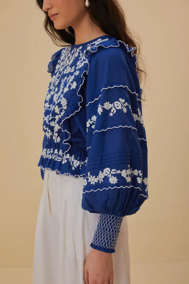 Navy Blue Embroidered Long Sleeve Blouse Women FARM Rio Blouses