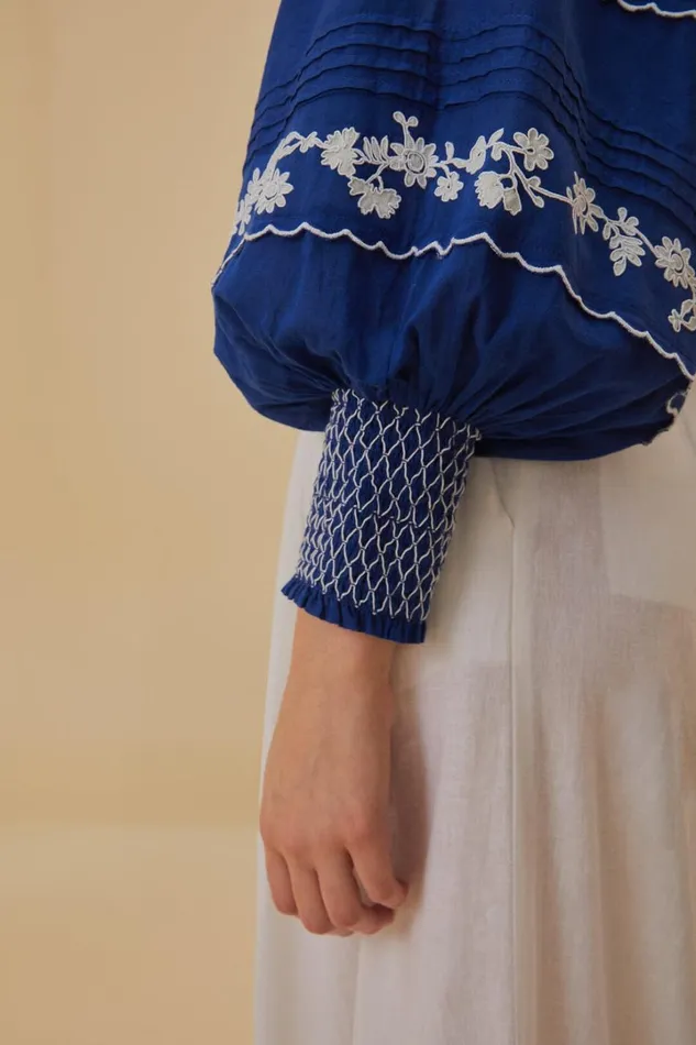 Navy Blue Embroidered Long Sleeve Blouse Women FARM Rio Blouses