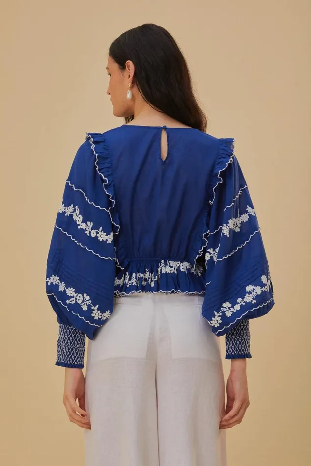 Navy Blue Embroidered Long Sleeve Blouse Women FARM Rio Blouses