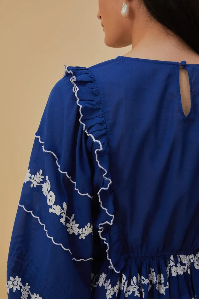 Navy Blue Embroidered Long Sleeve Blouse Women FARM Rio Blouses
