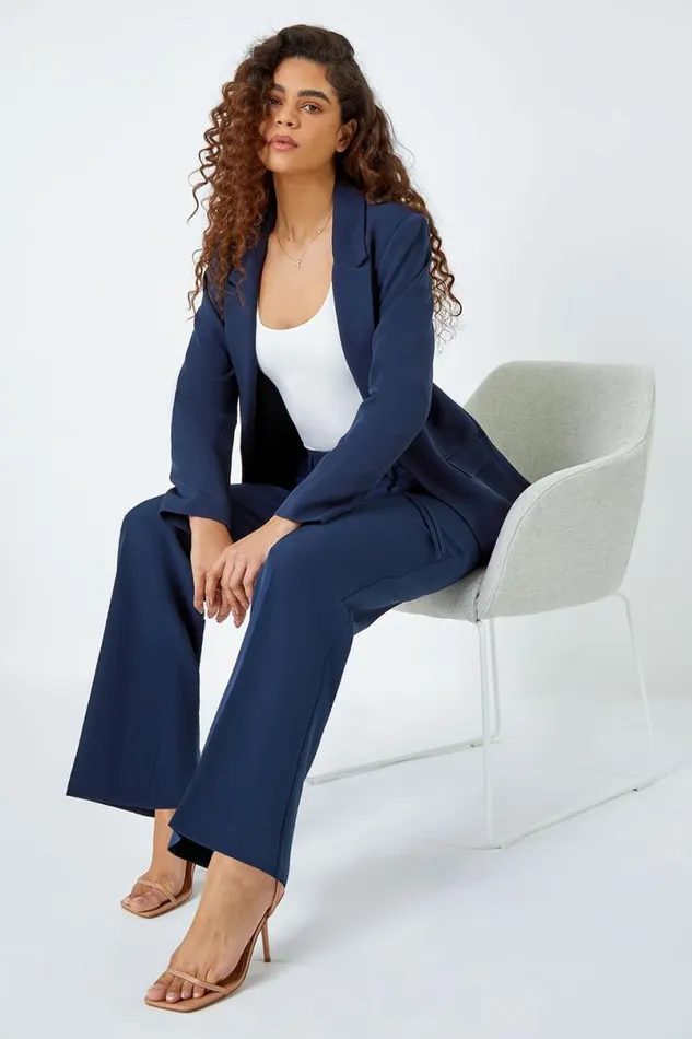 Navy Crepe Stretch Straight Leg Trousers Women Roman Occasionwear
