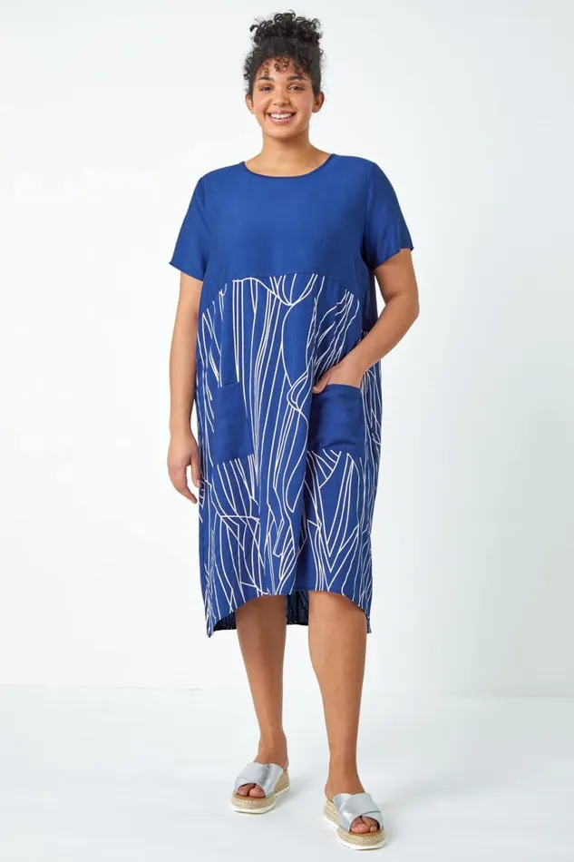 Navy Curve Contrast Print Pocket TShirt Dress Women Roman Dresses