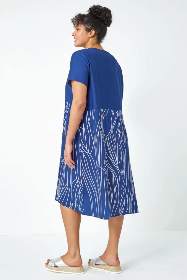 Navy Curve Contrast Print Pocket TShirt Dress Women Roman Dresses