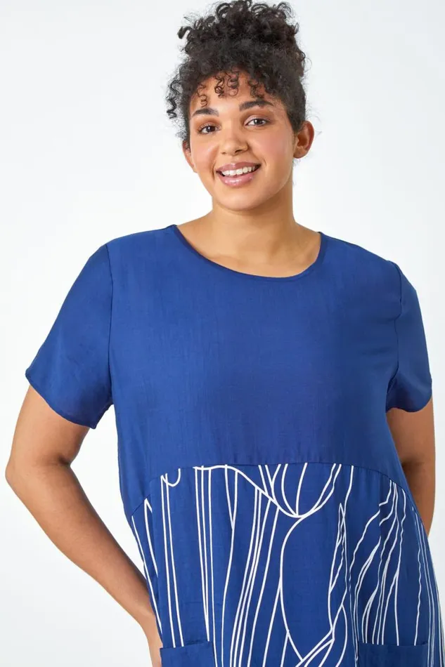 Navy Curve Contrast Print Pocket TShirt Dress Women Roman Dresses