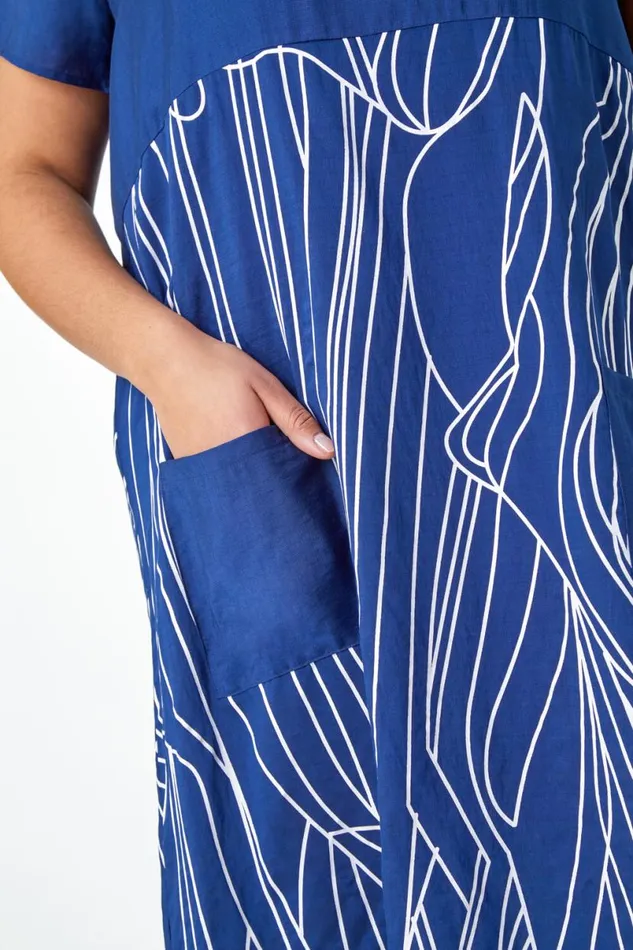 Navy Curve Contrast Print Pocket TShirt Dress Women Roman Dresses
