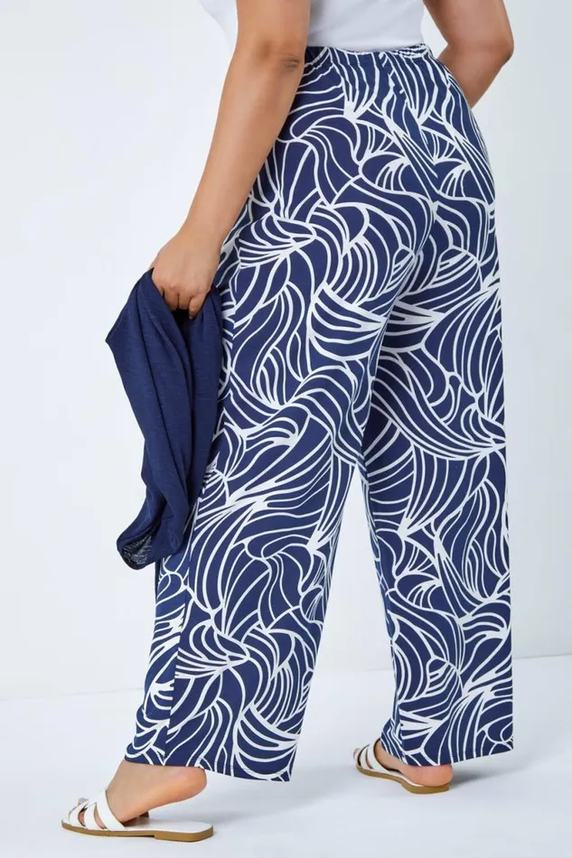 Navy Curve Linear Print Palazzo Trousers Women Roman Trousers